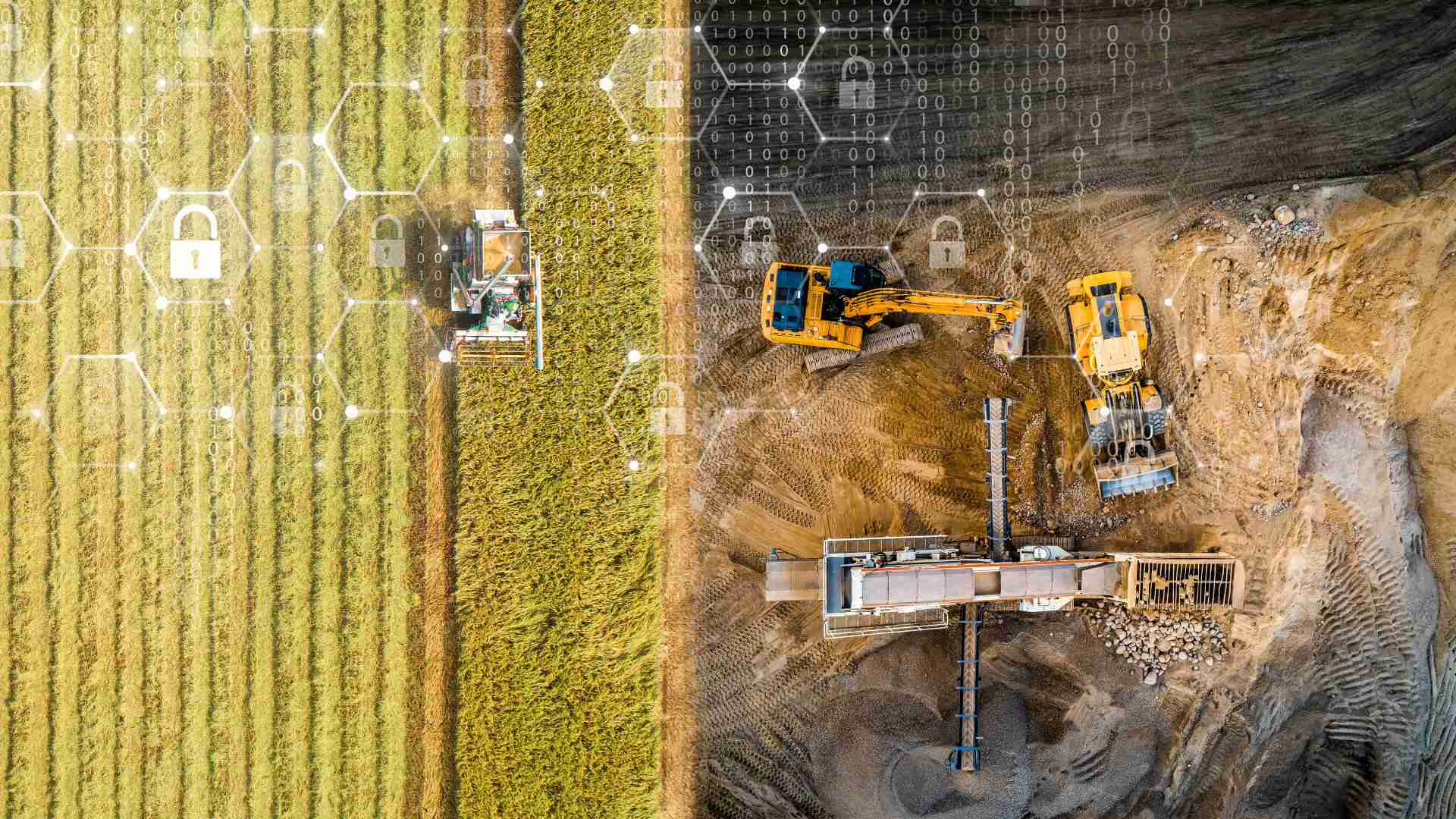 Farming and construction machinery with cyber security symbols